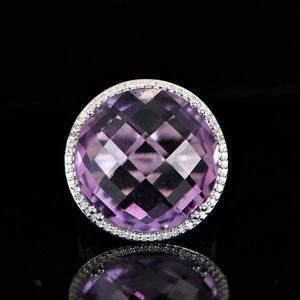 19893 Amethyst Cocktail Ring 14k White Gold Pave Diamond Round Faceted 6.5
